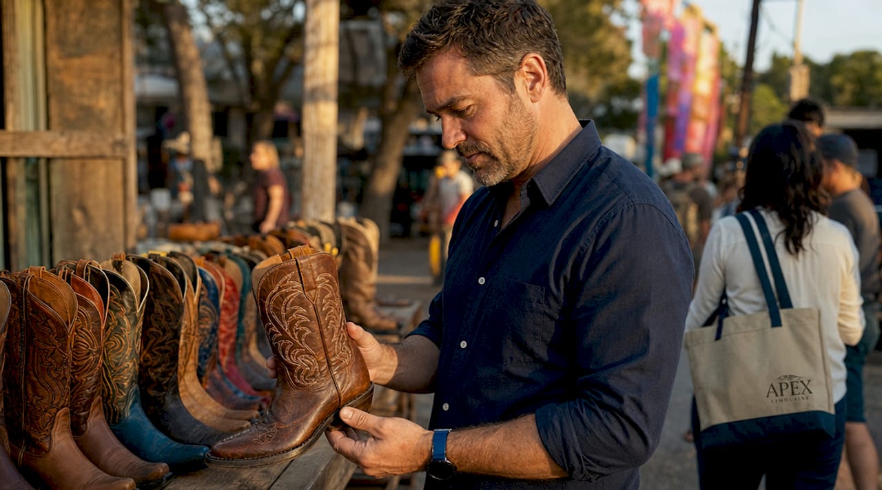Man browsing cowboy boots inside store