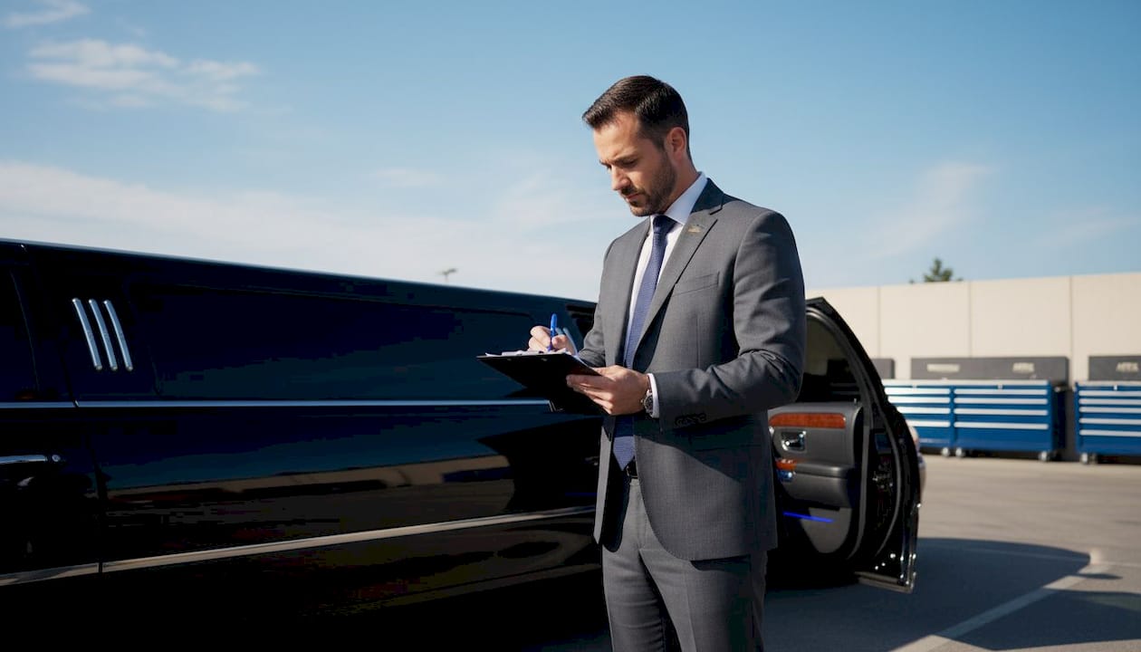 Manager checking maintenance log near limousine in garage