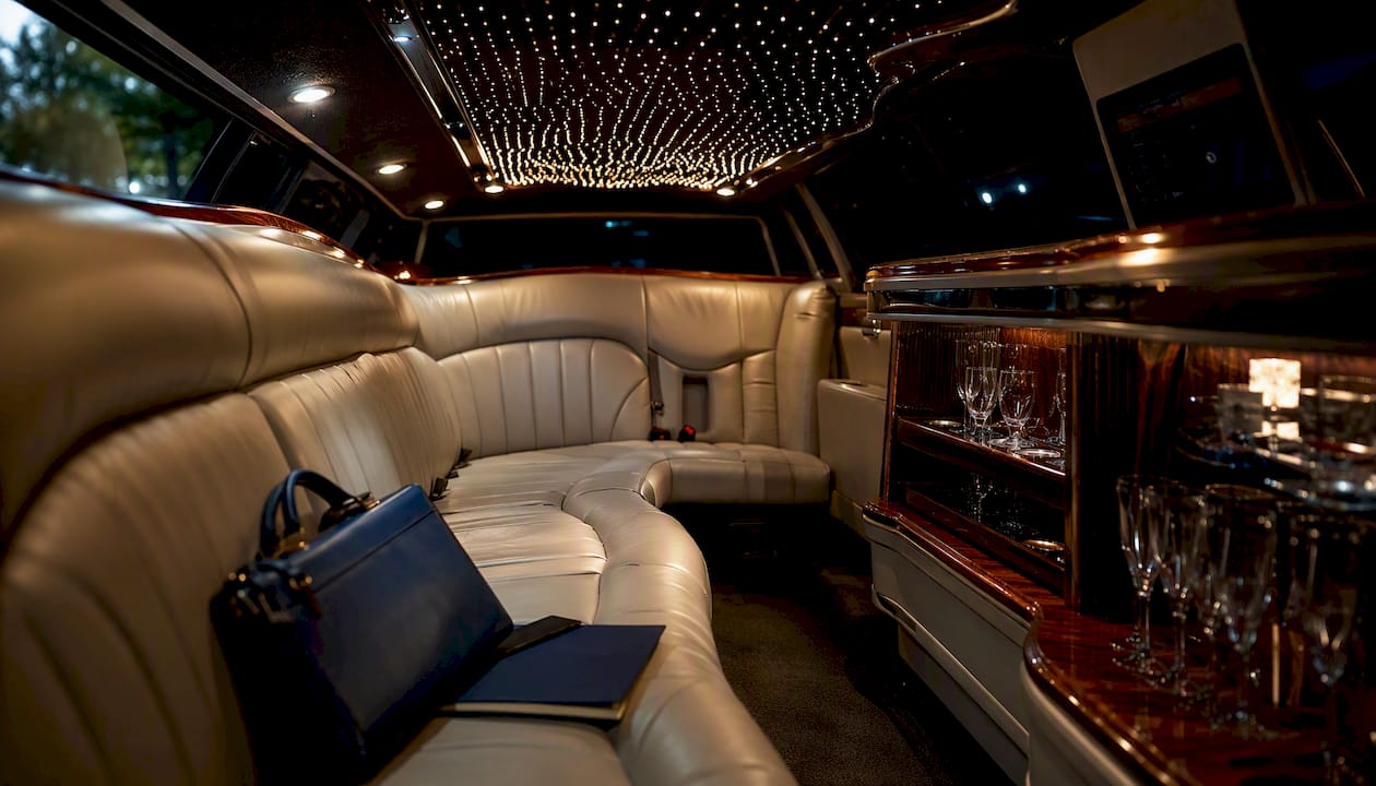 Luxury stretch limousine interior with mood lighting