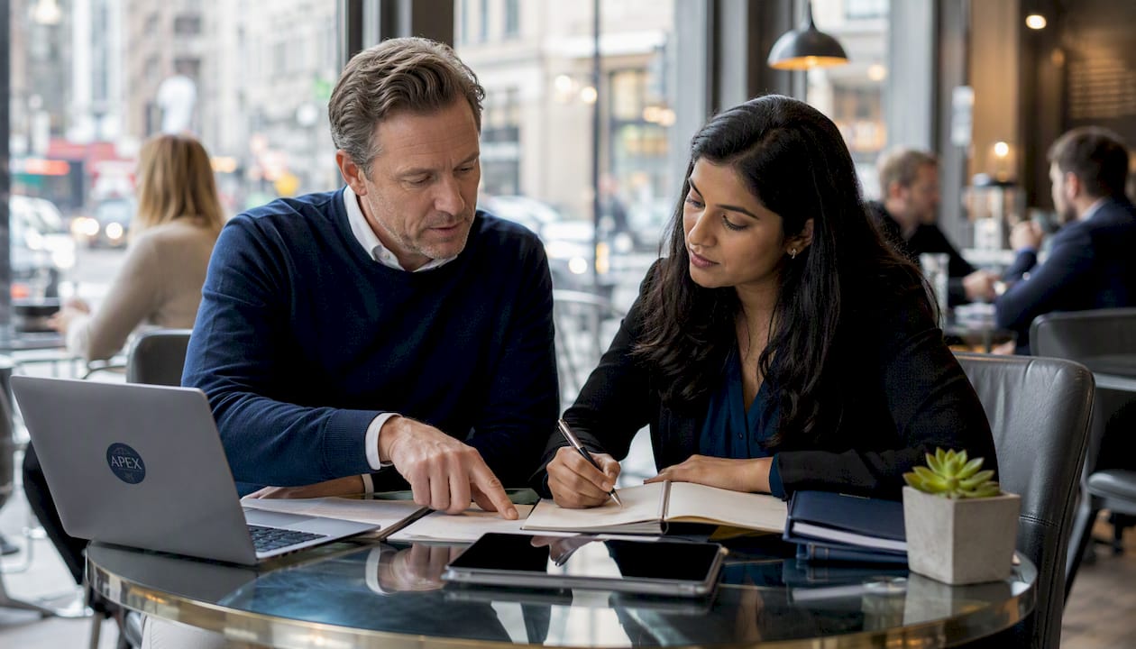 Business colleagues discussing service performance reports