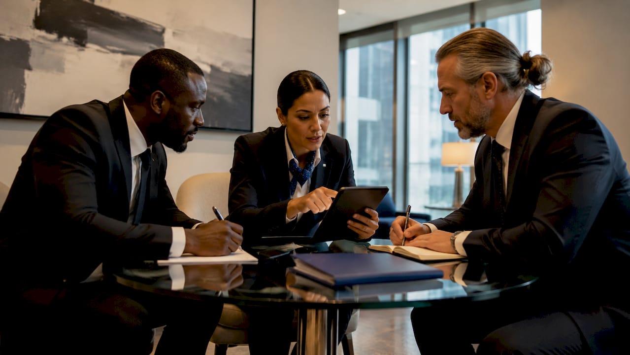 Chauffeurs reviewing safety management plan indoors