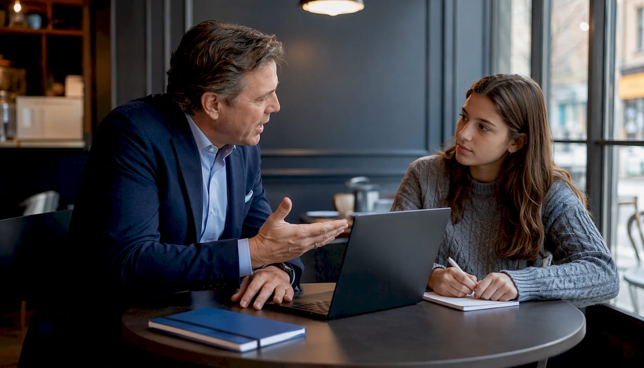 Parent and teen discussing limo credentials in home office