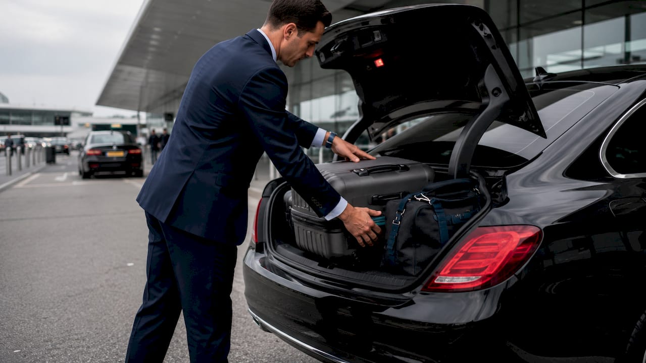 Close-up of porter loading luggage into car trunk