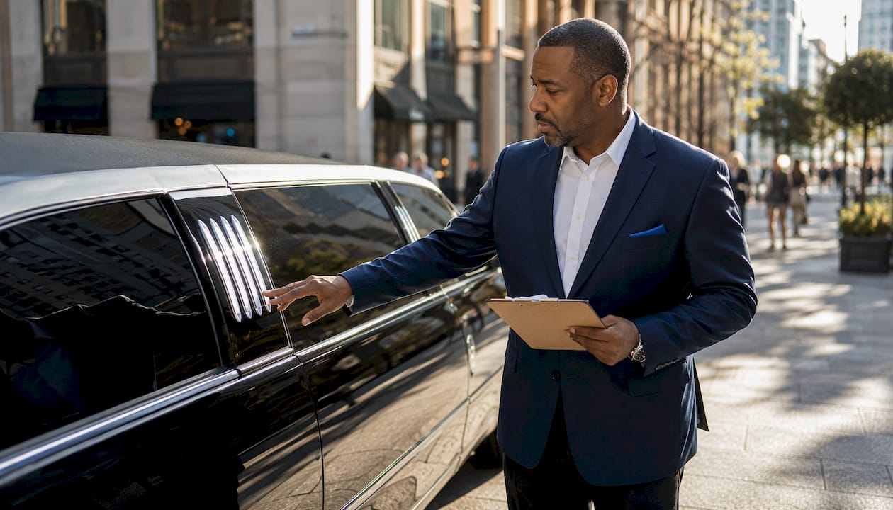Limo driver inspecting limousine on city sidewalk
