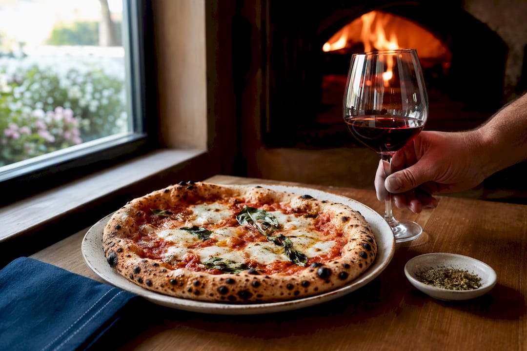 Wood-fired pizza beside a wine glass