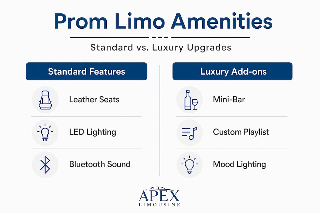 Infographic comparing prom limo standard and luxury amenities