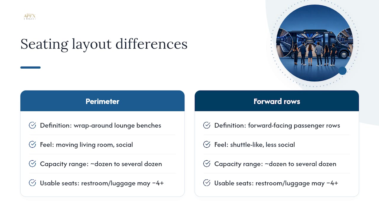 Party bus seating layouts and capacity tradeoffs