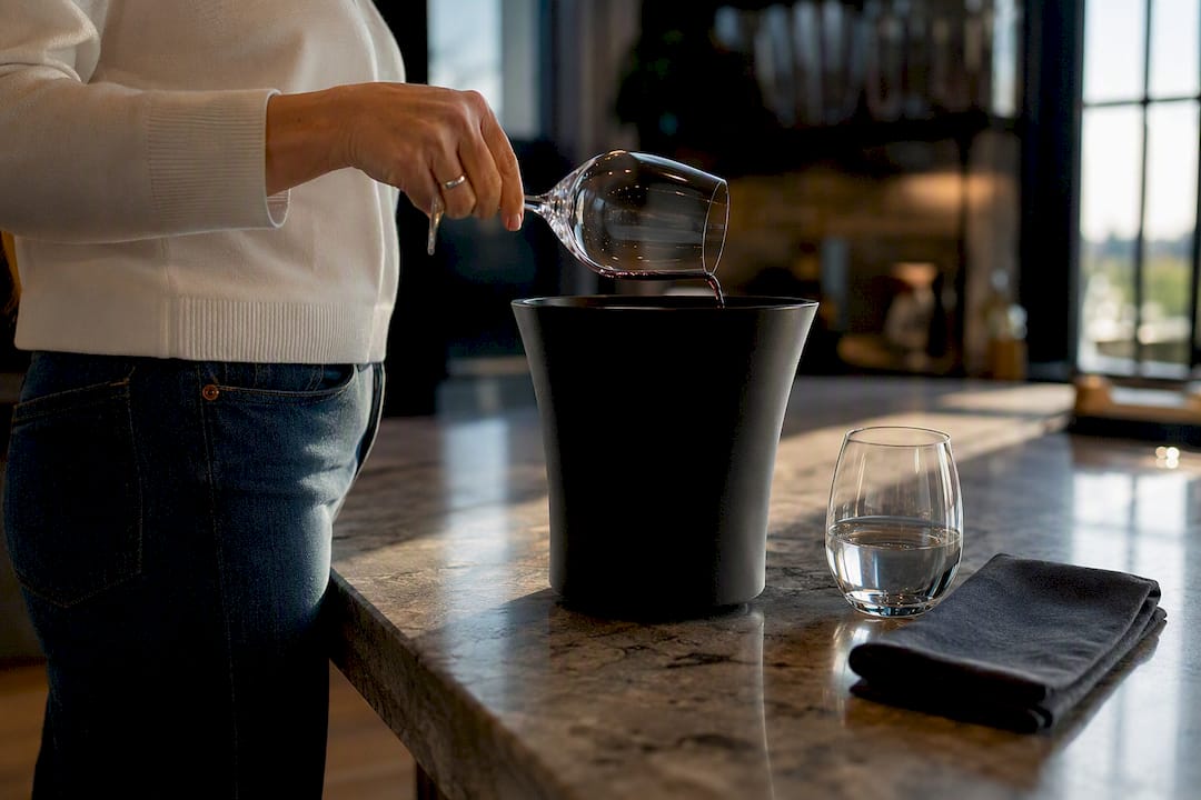 Guest using a wine tasting dump bucket
