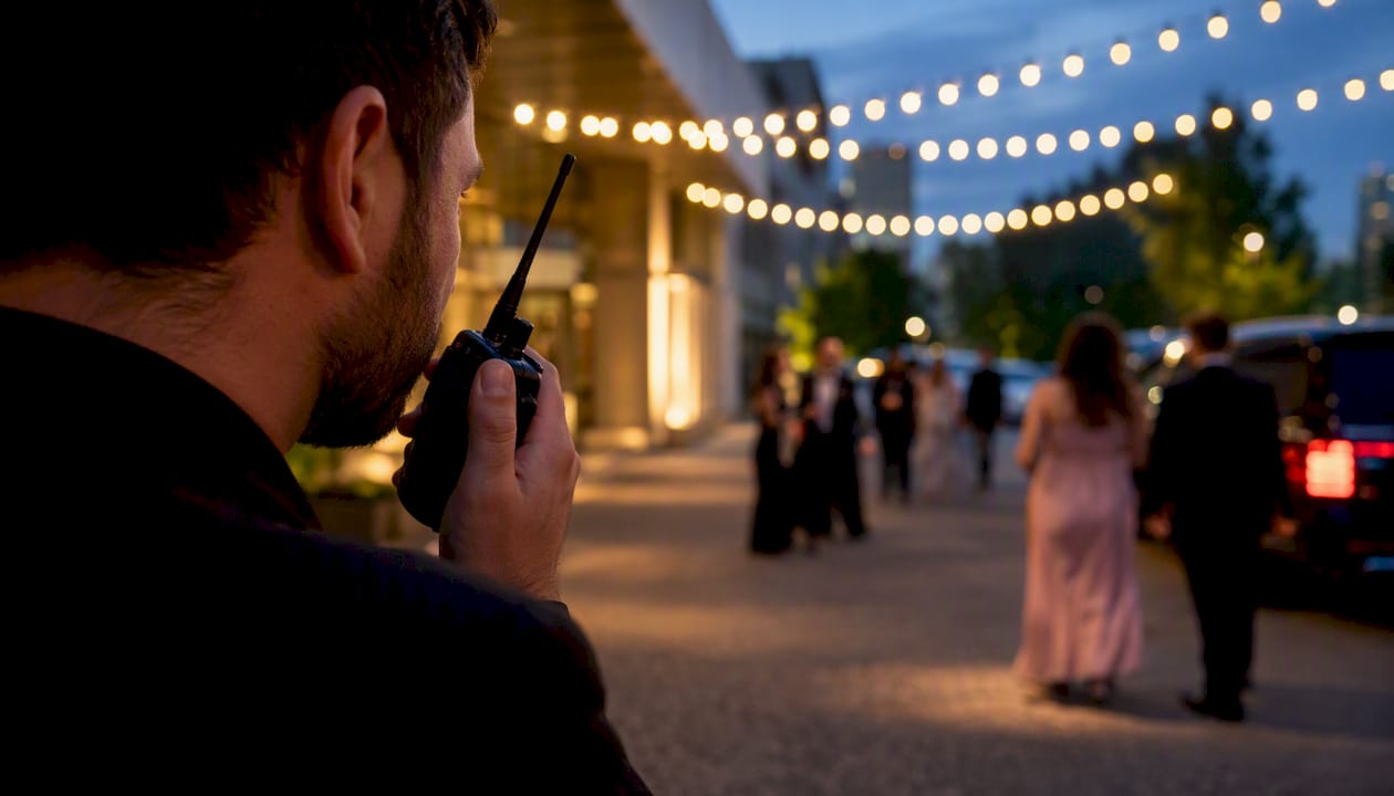 Chaperone using walkie-talkie at prom pickup area