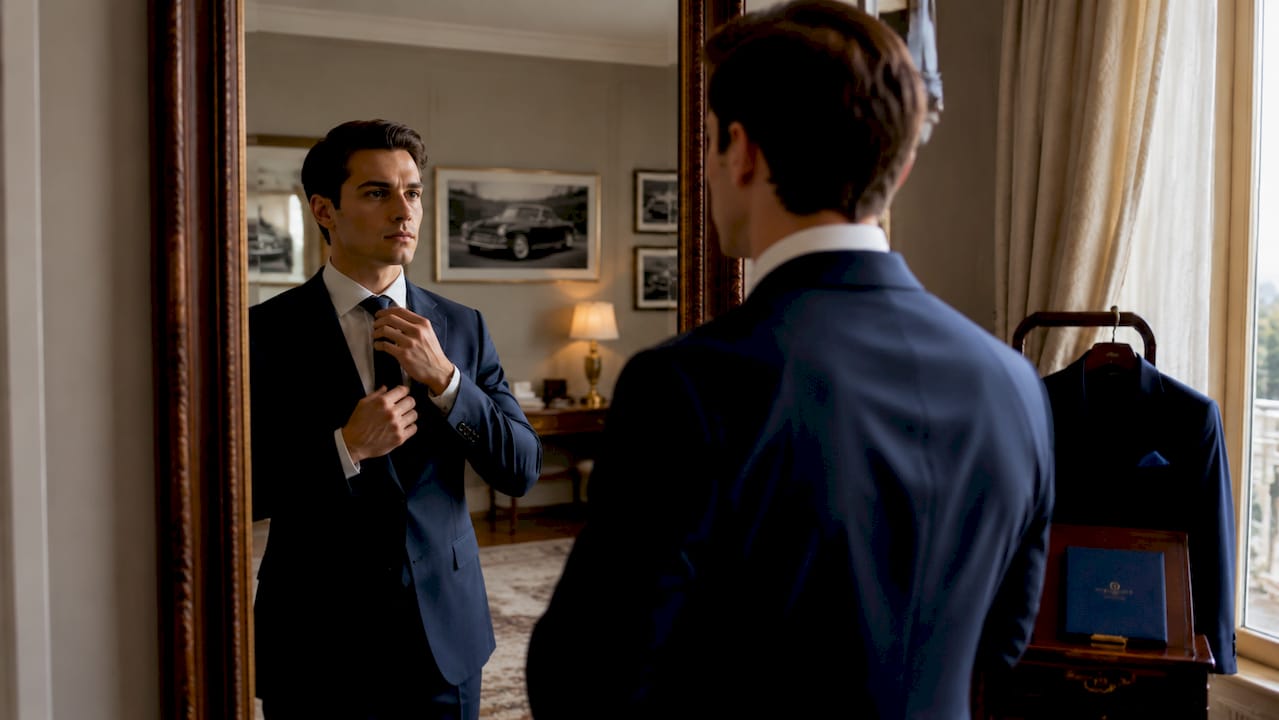 Chauffeur adjusting tie in dressing room mirror