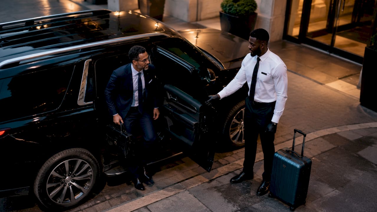 Chauffeur assisting executive outside airport terminal