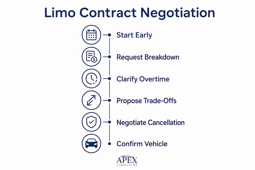 Infographic illustrating step-by-step limo contract negotiation process