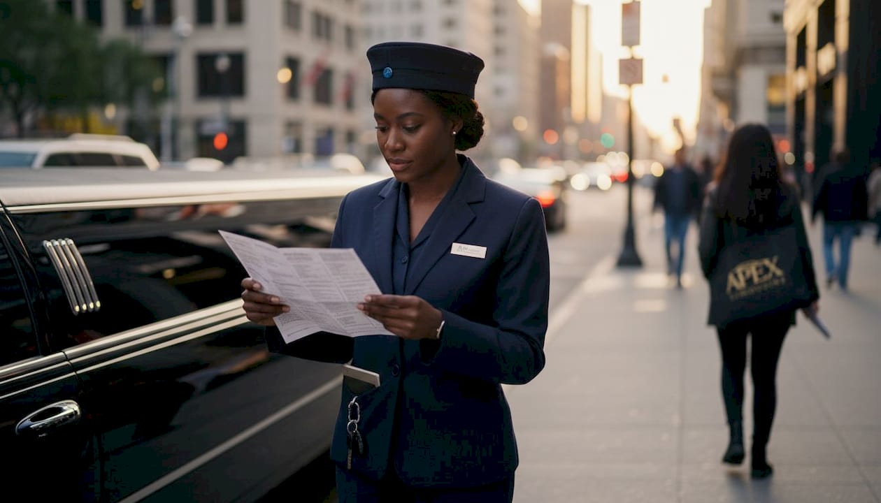 Professional female chauffeur reviewing limo itinerary