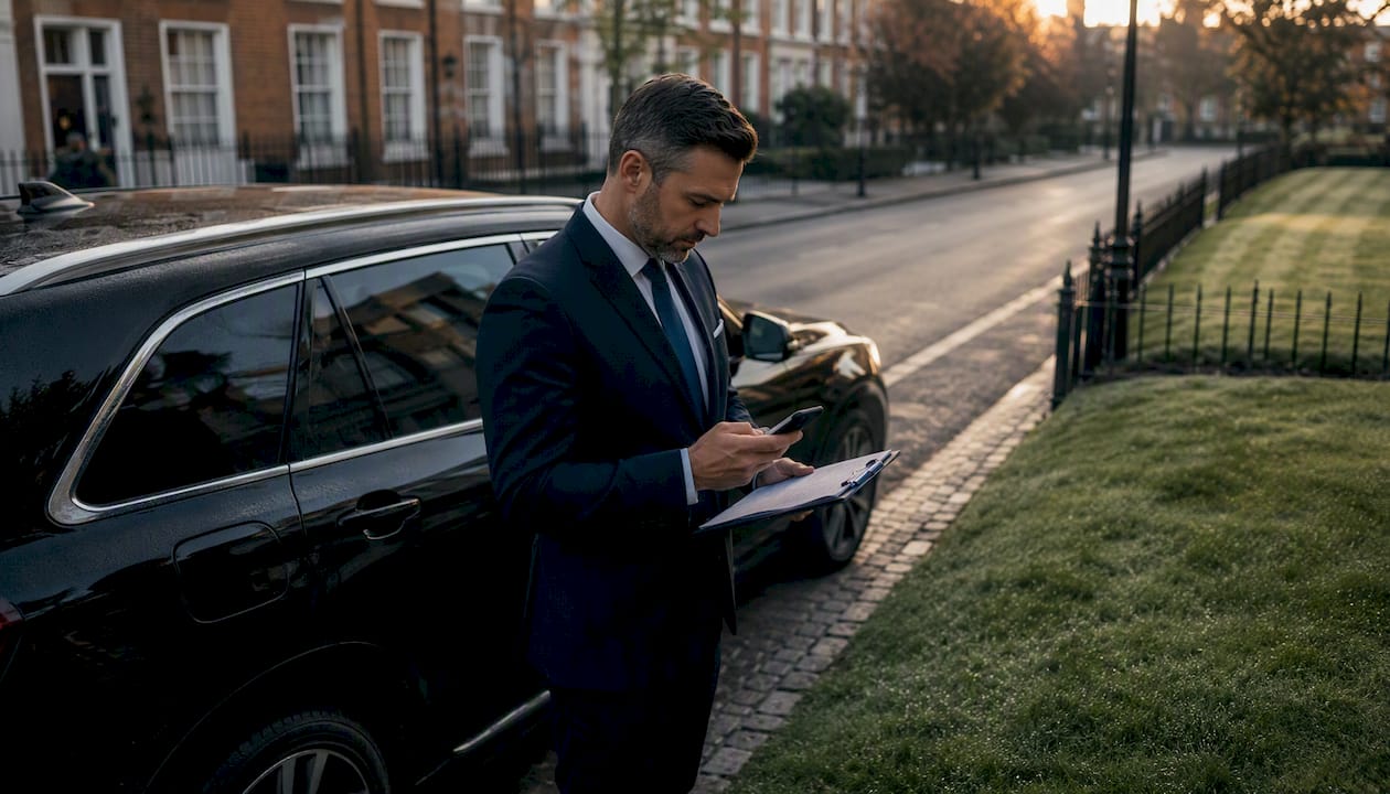 Chauffeur reviewing safety checklist by vehicle