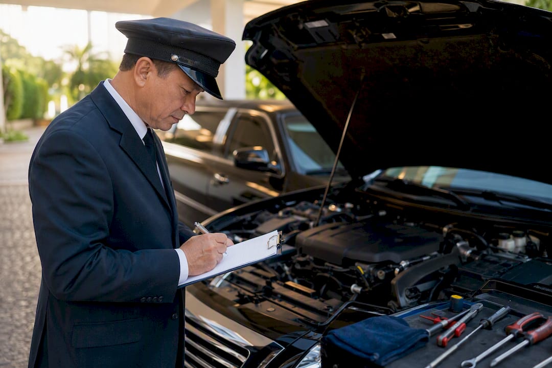 Chauffeur noting limo maintenance check