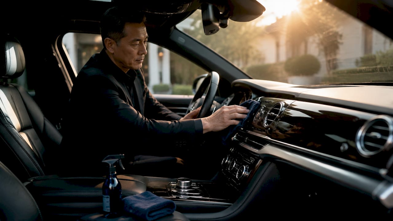 Chauffeur polishing limousine interior leather seat