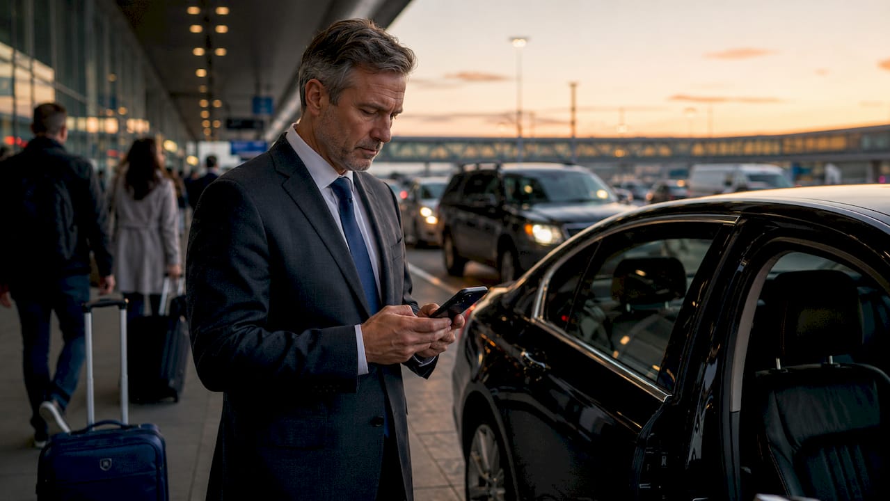 Businessman choosing airport transfer vehicle at kiosk