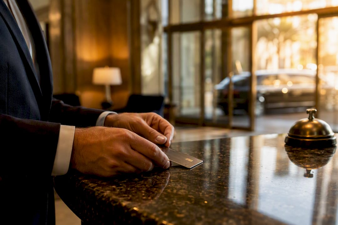 Hands exchanging credit card near limo office window