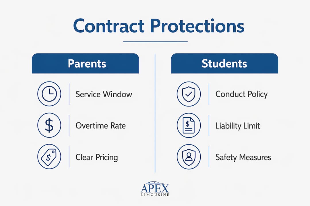 Infographic illustrating contract clauses protecting parents and students