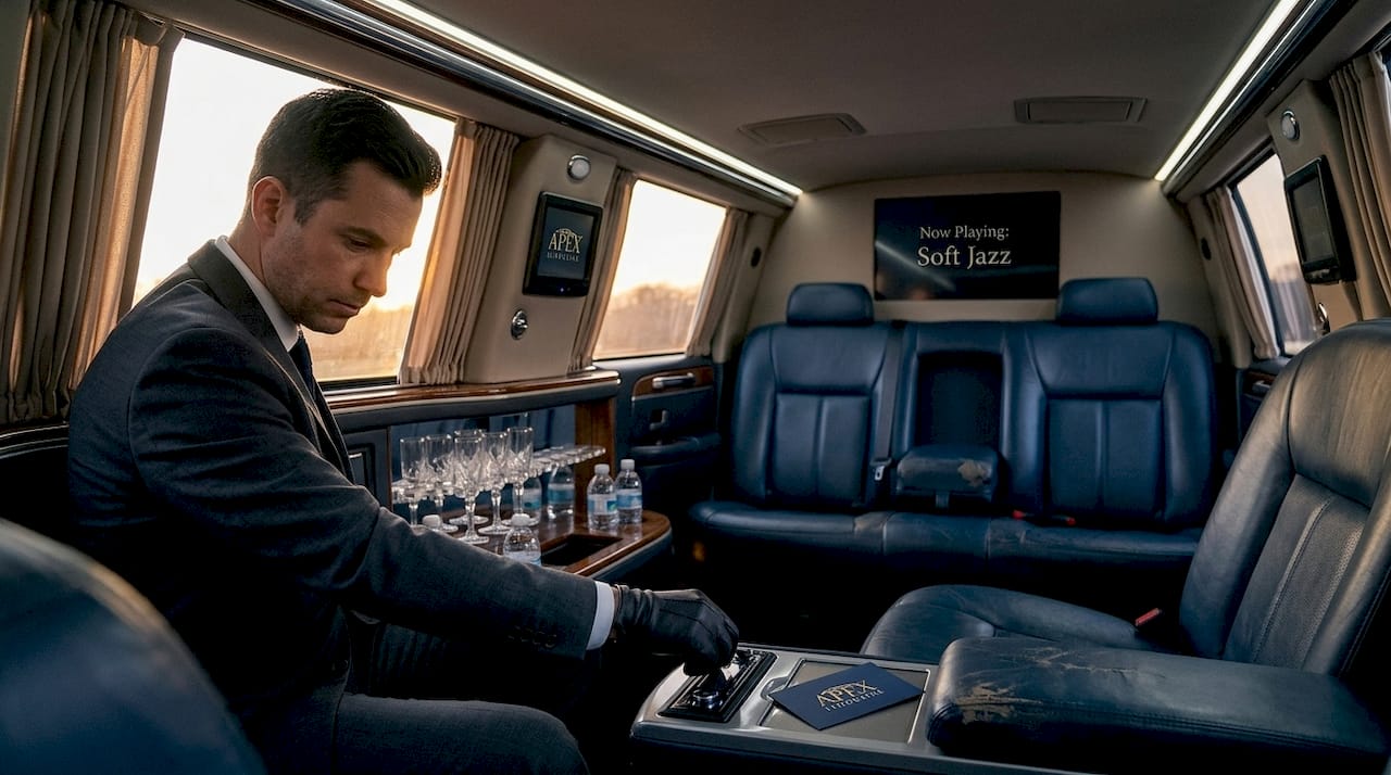 Elegant stretch limousine interior with ambient lighting