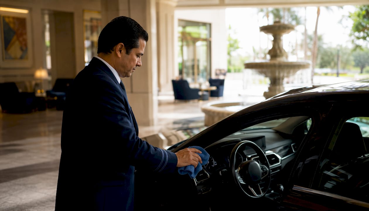 Professional chauffeur preparing vehicle interior