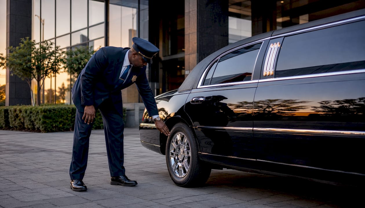 Limousine driver performing safety inspection on vehicle
